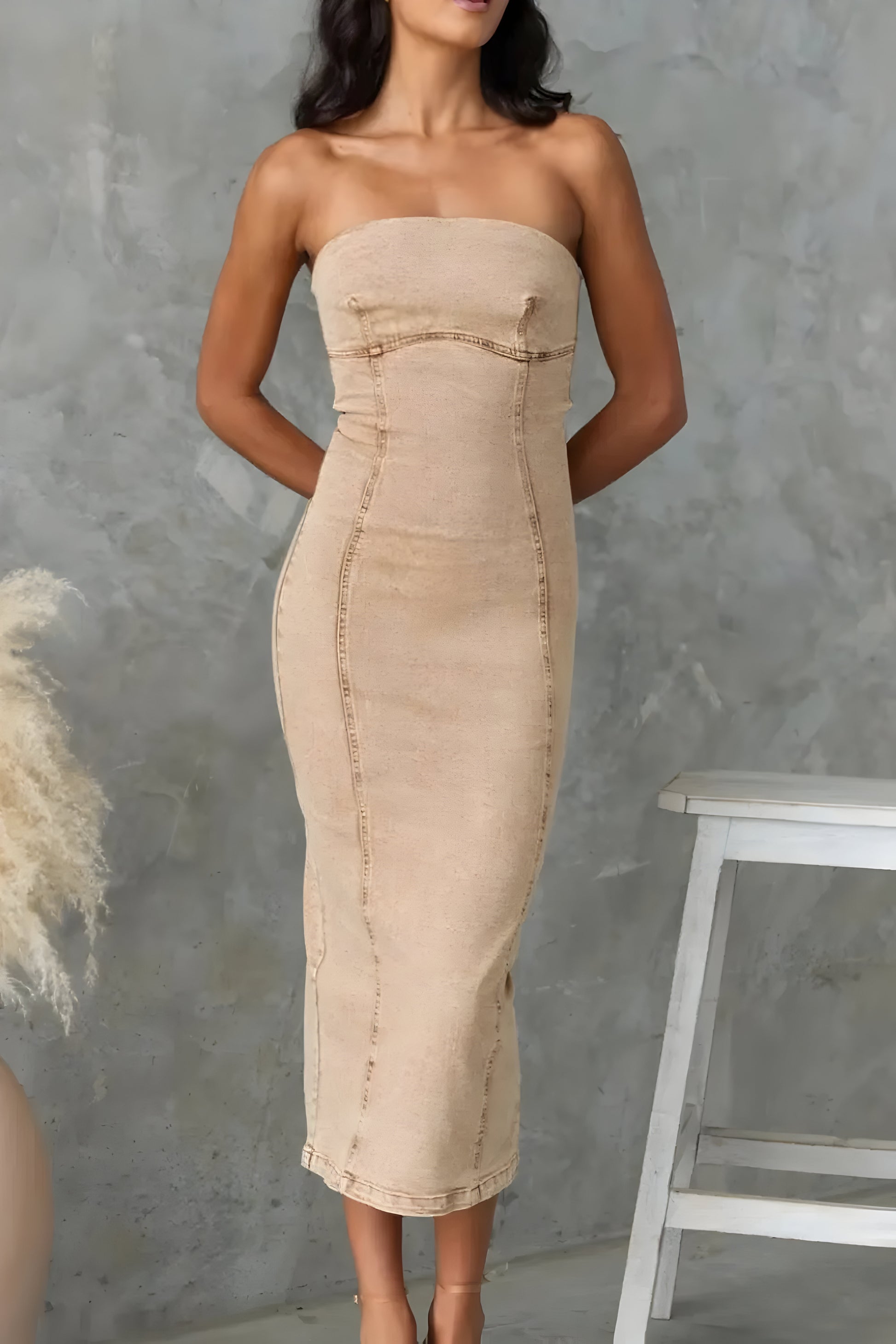 Washed Slit Back Tube Denim Dress