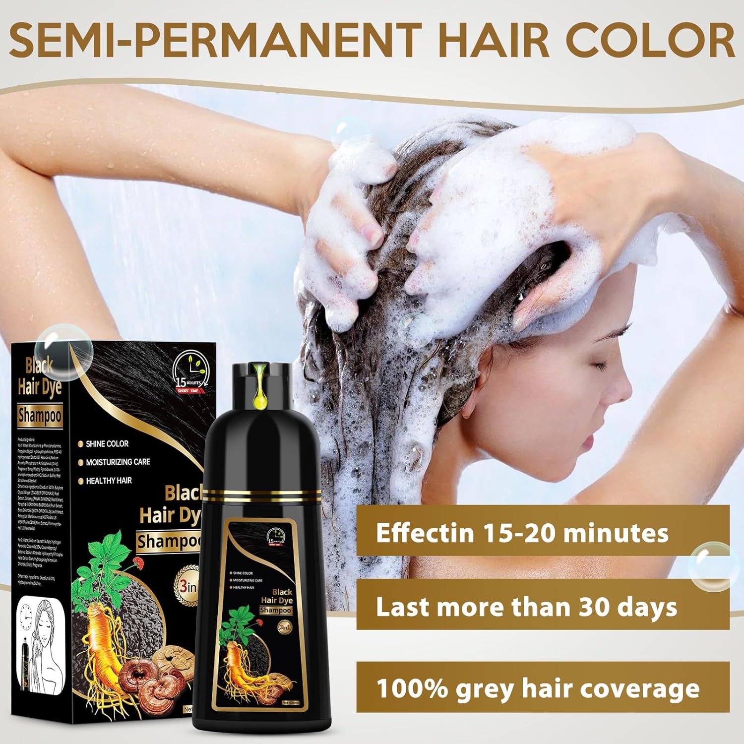 Revitalize Your Hair with 3-in-1 Herbal Hair Dye Shampoo for Gray Coverage - 500ml Black for Men & Women