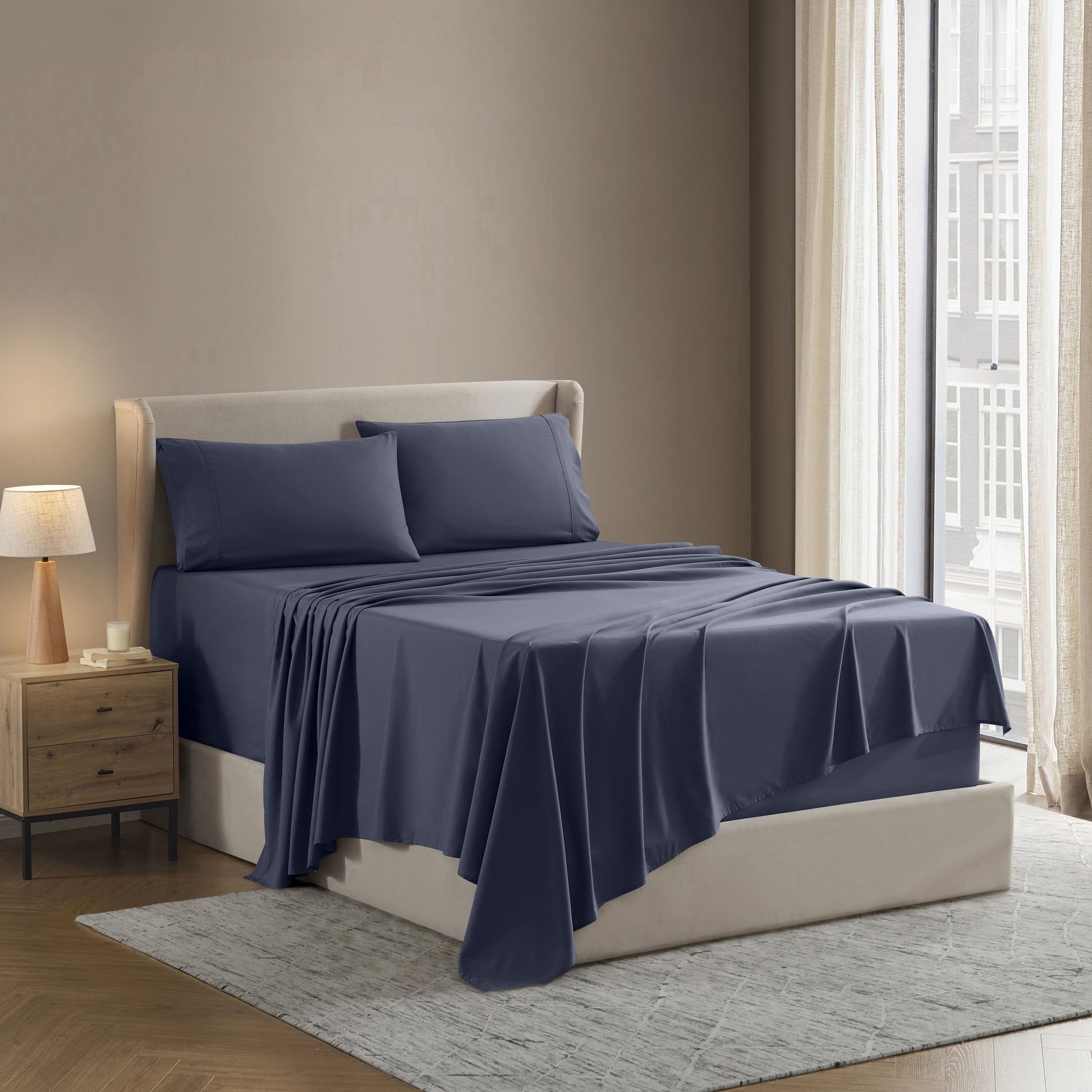 Rv/Short Queen Size 4 Piece Bed Sheets Set for Campers, 1800 Hotel Luxury Soft Microfiber Cool & Breathable, Navy