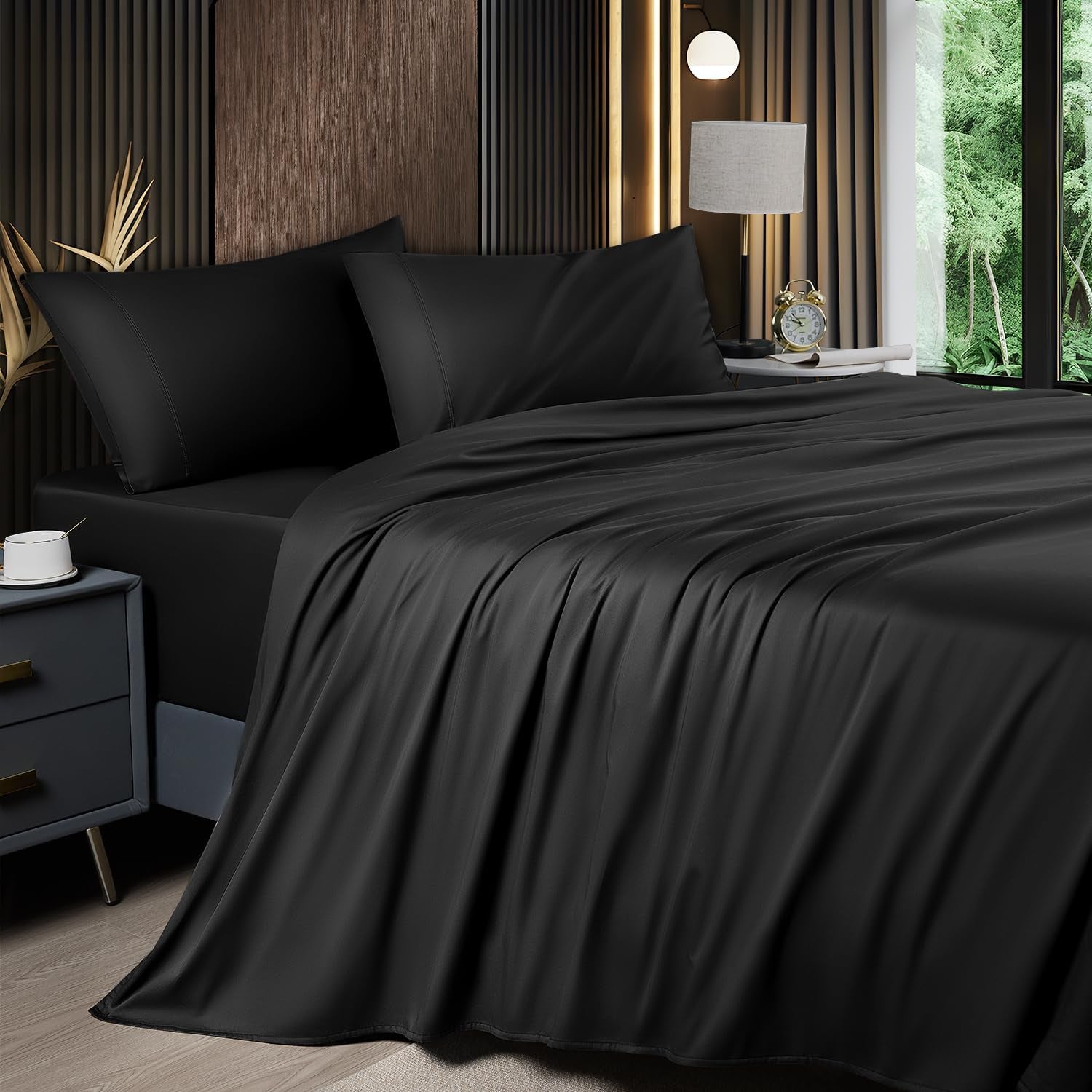 4 Piece King Sheet Sets, Cooling Sheets, Blend Rayon Derived from Bamboo, Deep Pocket up to 16", Breathable & Soft Bed Sheets, Hotel Silky Bedding Set, Black