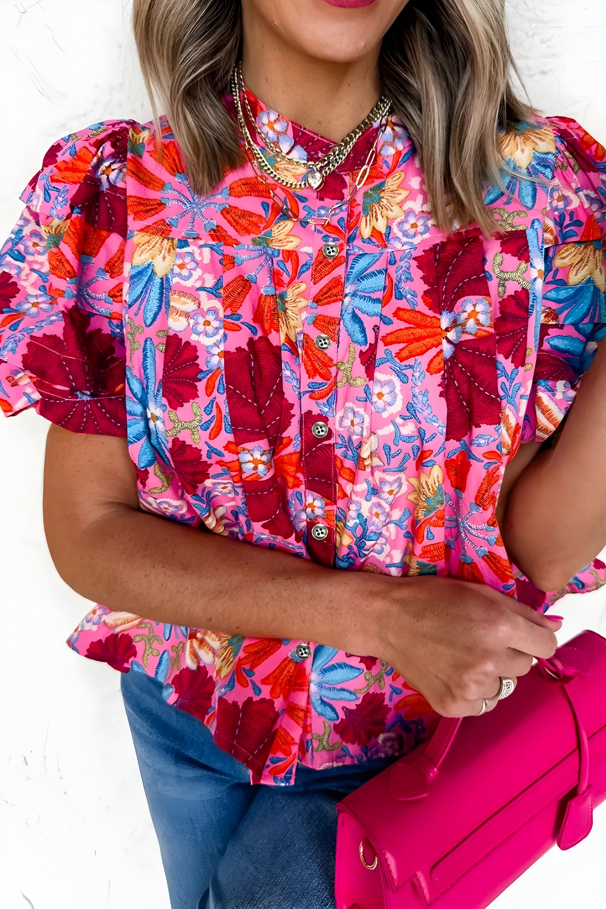 Floral Puff Sleeve Button-Up Top