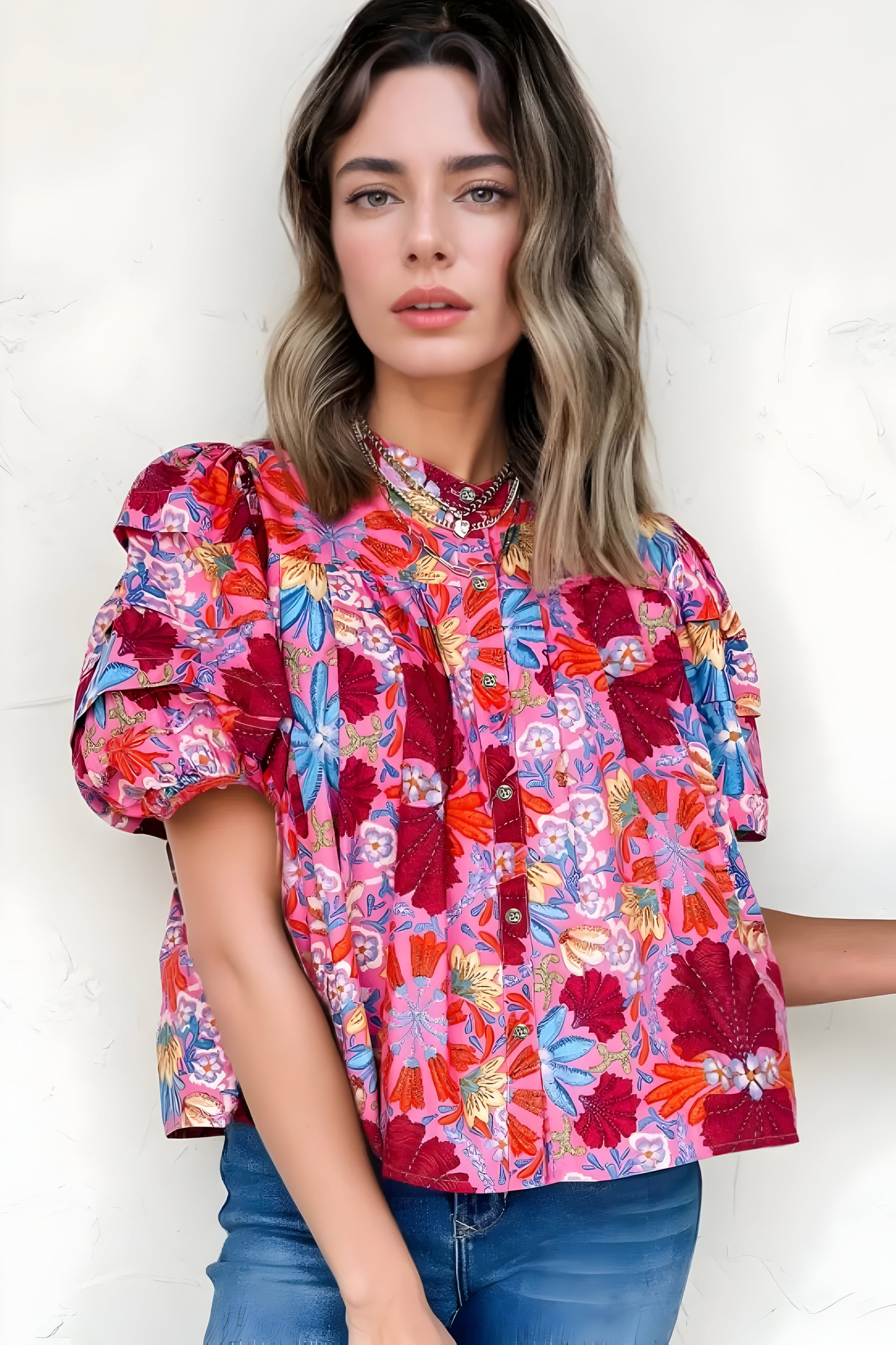Floral Puff Sleeve Button-Up Top