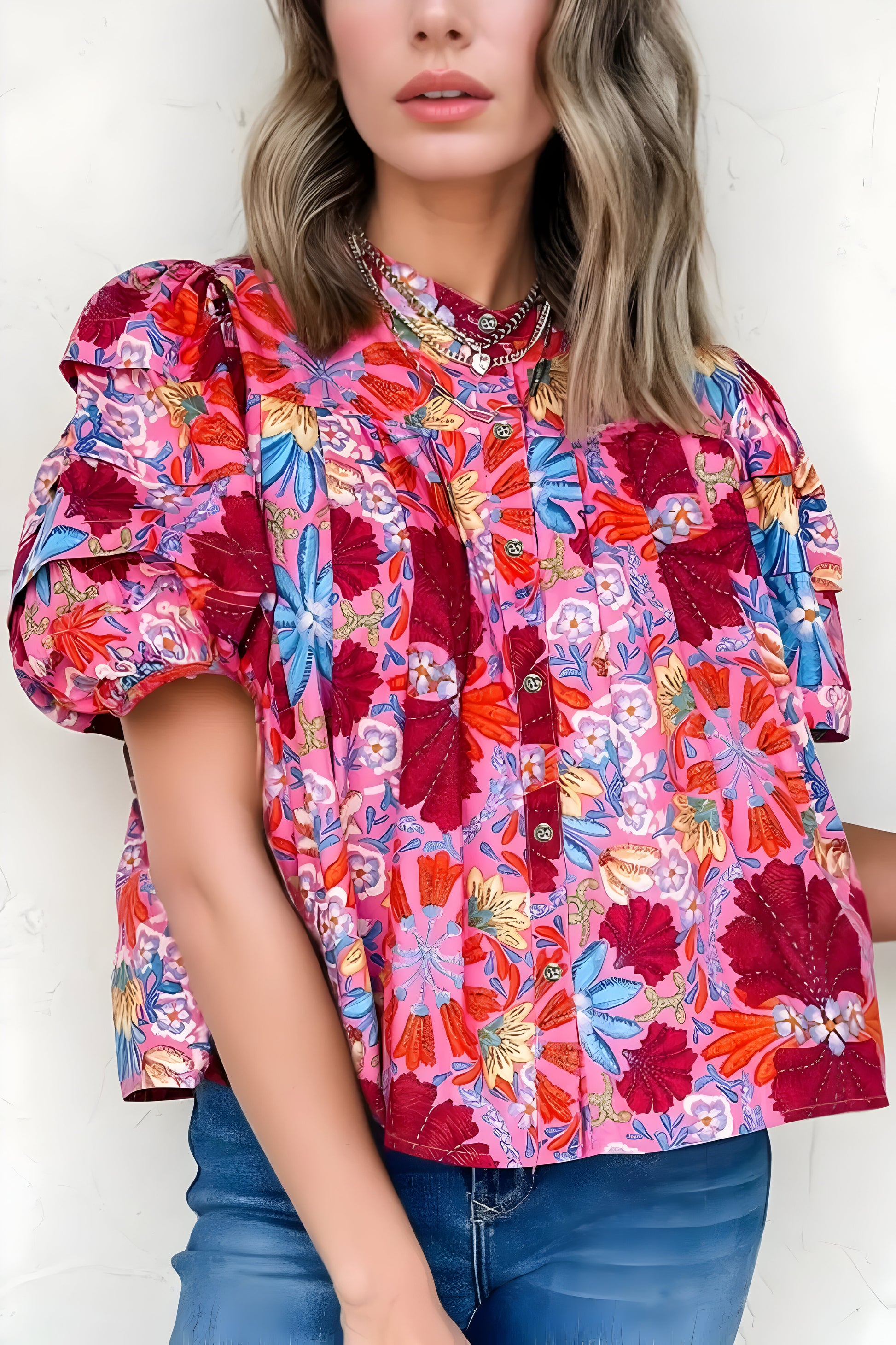 Floral Puff Sleeve Button-Up Top