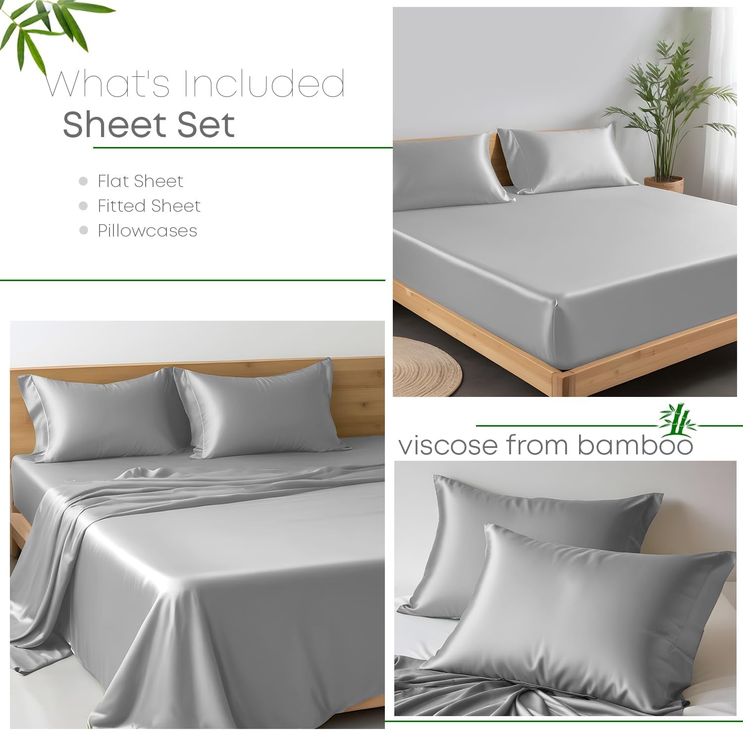 Premium 100% Viscose Derived from Bamboo Full Size Sheet Set - Ultra Soft, Breathable & Cooling, Ideal for Hot Sleepers, 16" Deep Pocket, Hotel Luxury Bedding (Silver)