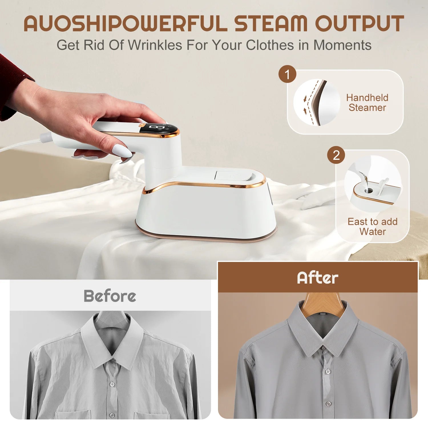 Travel Steamer Iron for Clothes, 1200W Handheld Portable Mini Steam Iron with LCD Screen, 10S Heat-Up, 180° Swivel Handle, Wrinkle Remover for Dorm, Home & College (White)