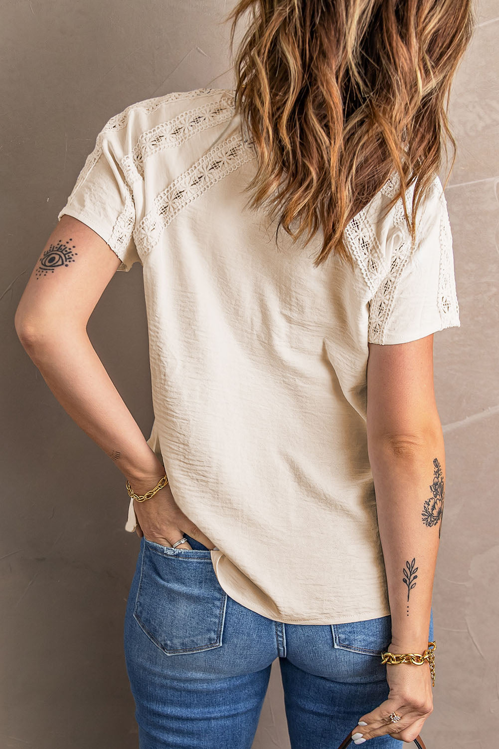 Apricot Crochet Eyelet Short Sleeves Top