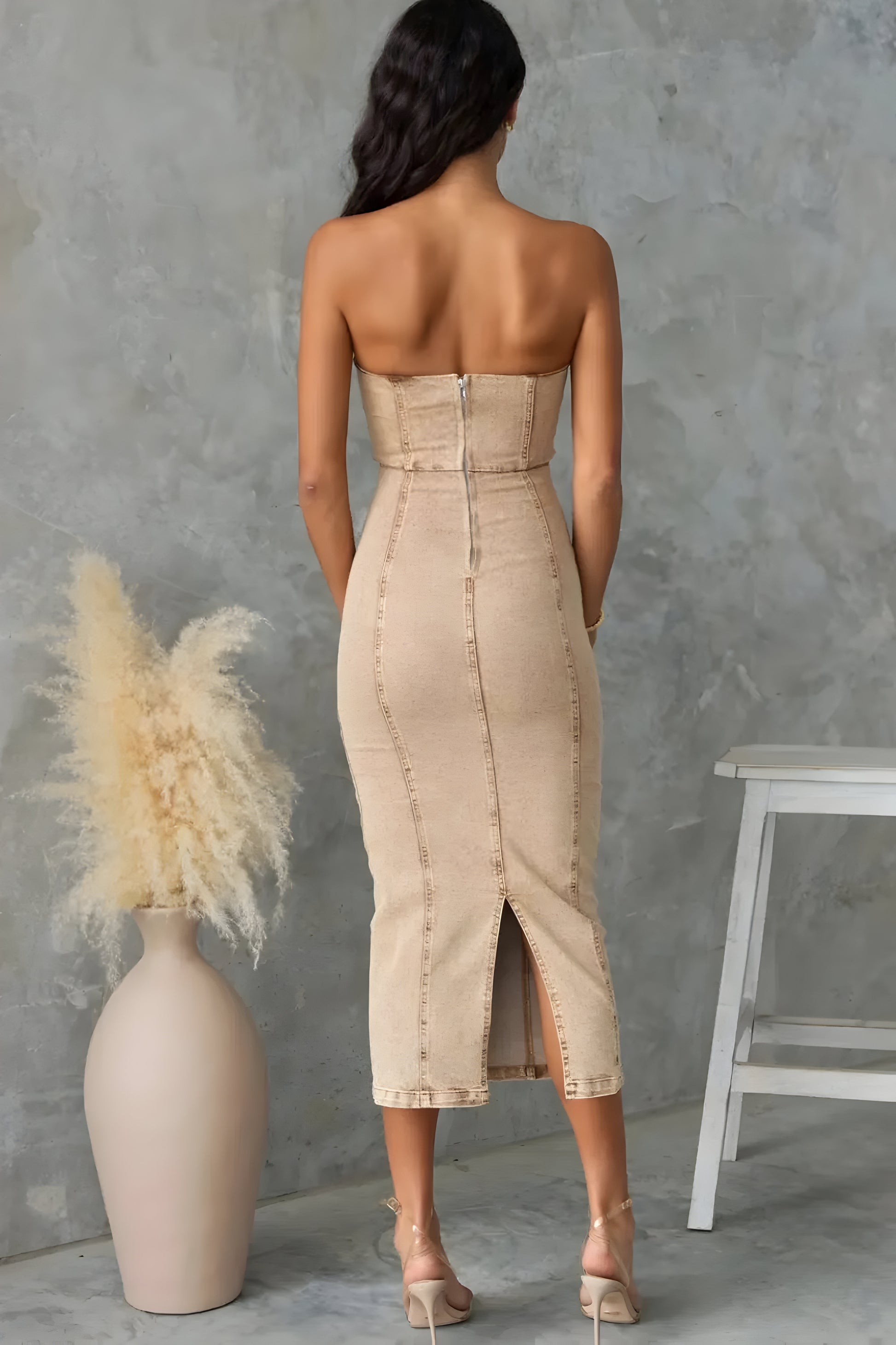 Washed Slit Back Tube Denim Dress