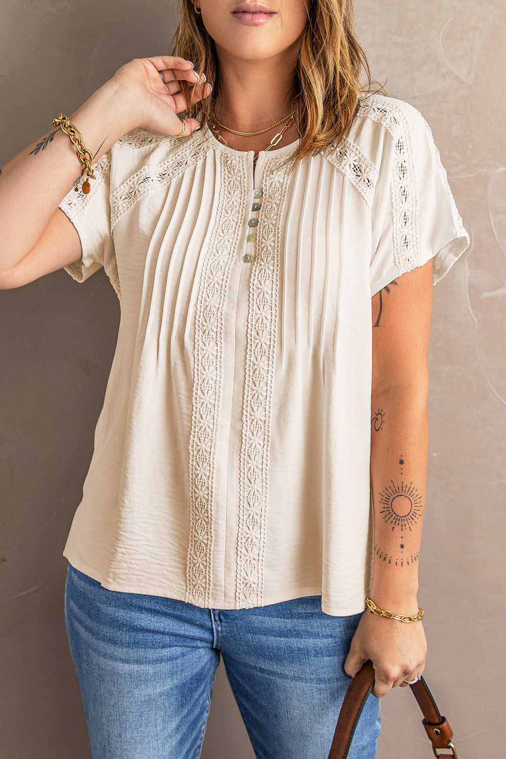 Apricot Crochet Eyelet Short Sleeves Top
