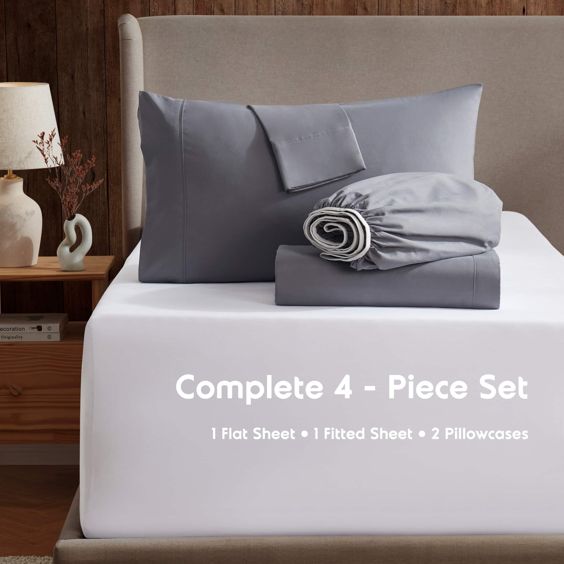Bed Sheet Sets, 1800 Series Deep Pocket 4 Piece Bedding Set, Luxury Soft Microfiber Queen Sheet Sets, Gray