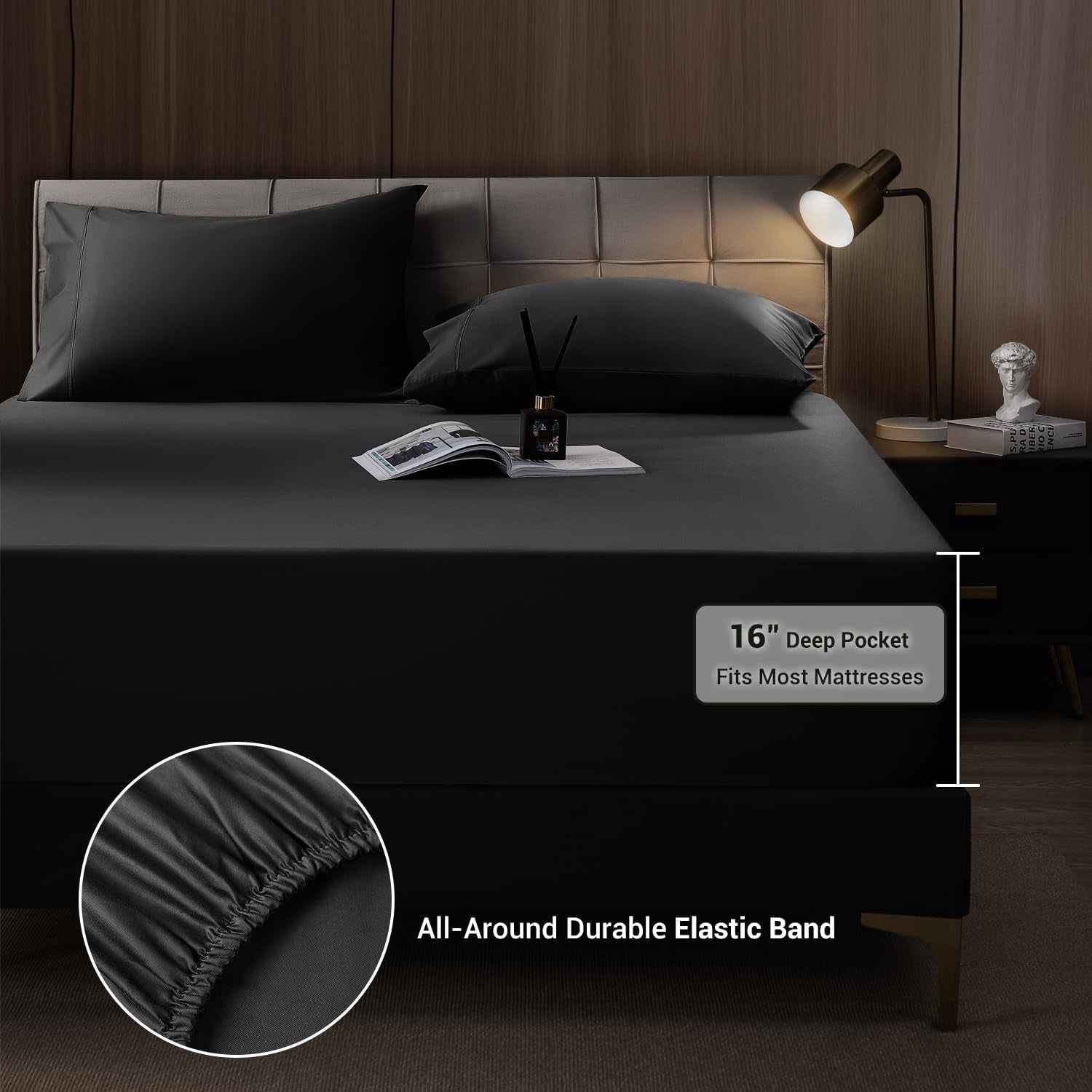 4 Piece King Sheet Sets, Cooling Sheets, Blend Rayon Derived from Bamboo, Deep Pocket up to 16", Breathable & Soft Bed Sheets, Hotel Silky Bedding Set, Black