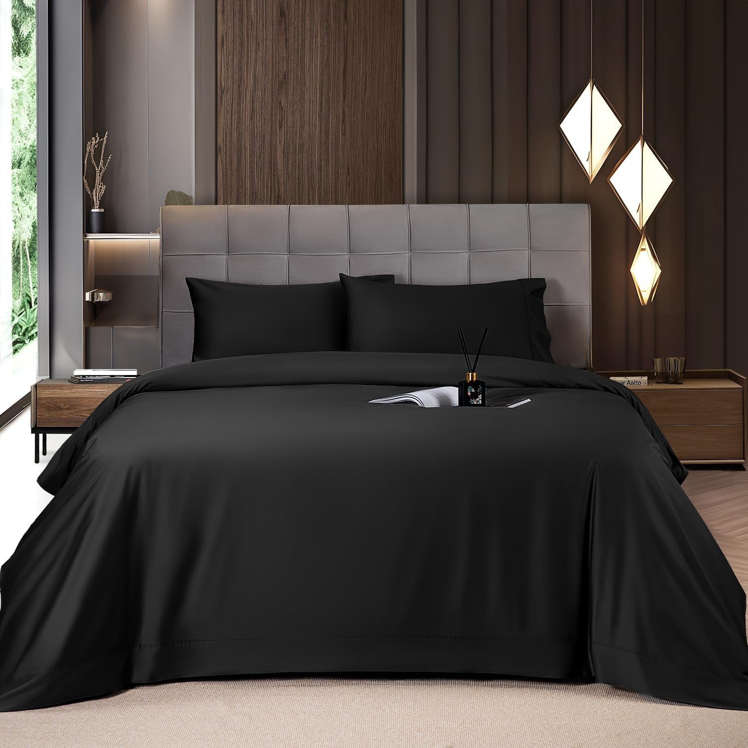 4 Piece King Sheet Sets, Cooling Sheets, Blend Rayon Derived from Bamboo, Deep Pocket up to 16", Breathable & Soft Bed Sheets, Hotel Silky Bedding Set, Black