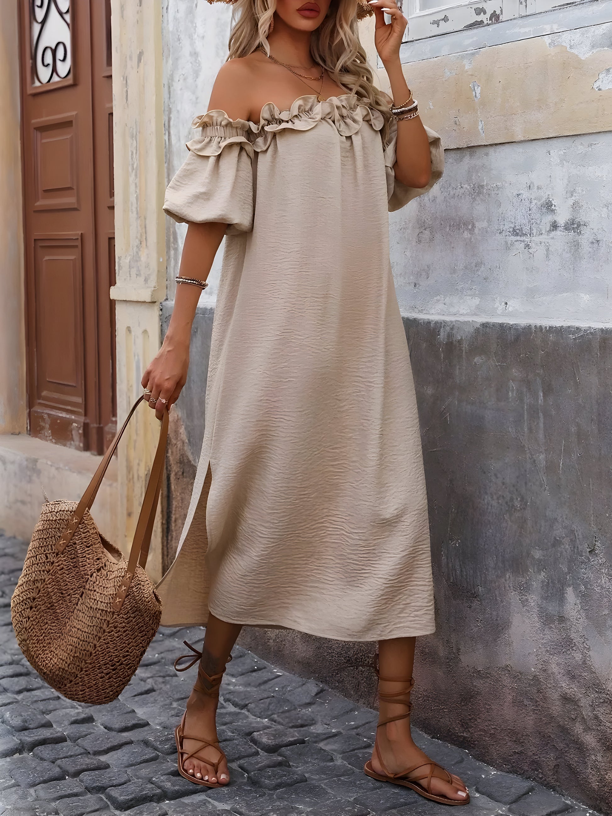 Ruffled Off-Shoulder Puff Sleeve Midi Dress