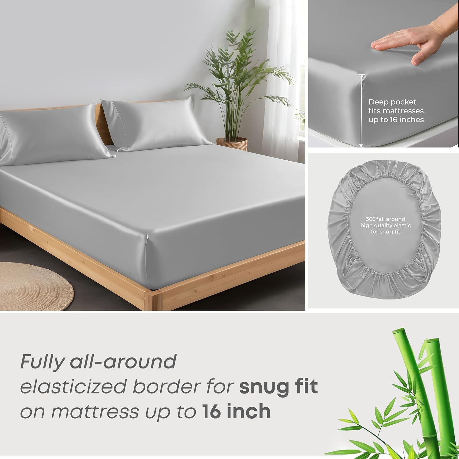 Premium 100% Viscose Derived from Bamboo Full Size Sheet Set - Ultra Soft, Breathable & Cooling, Ideal for Hot Sleepers, 16" Deep Pocket, Hotel Luxury Bedding (Silver)