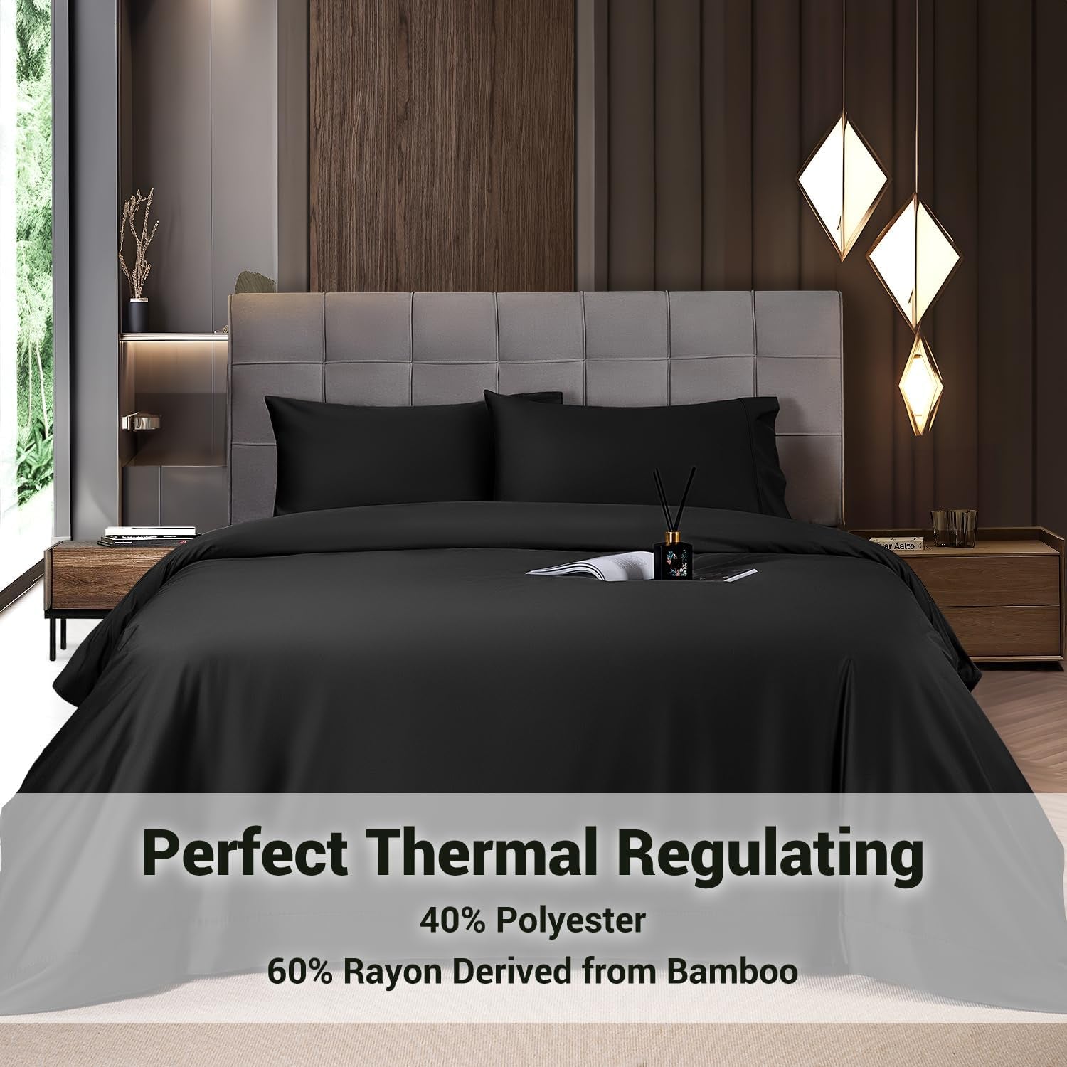 4 Piece King Sheet Sets, Cooling Sheets, Blend Rayon Derived from Bamboo, Deep Pocket up to 16", Breathable & Soft Bed Sheets, Hotel Silky Bedding Set, Black