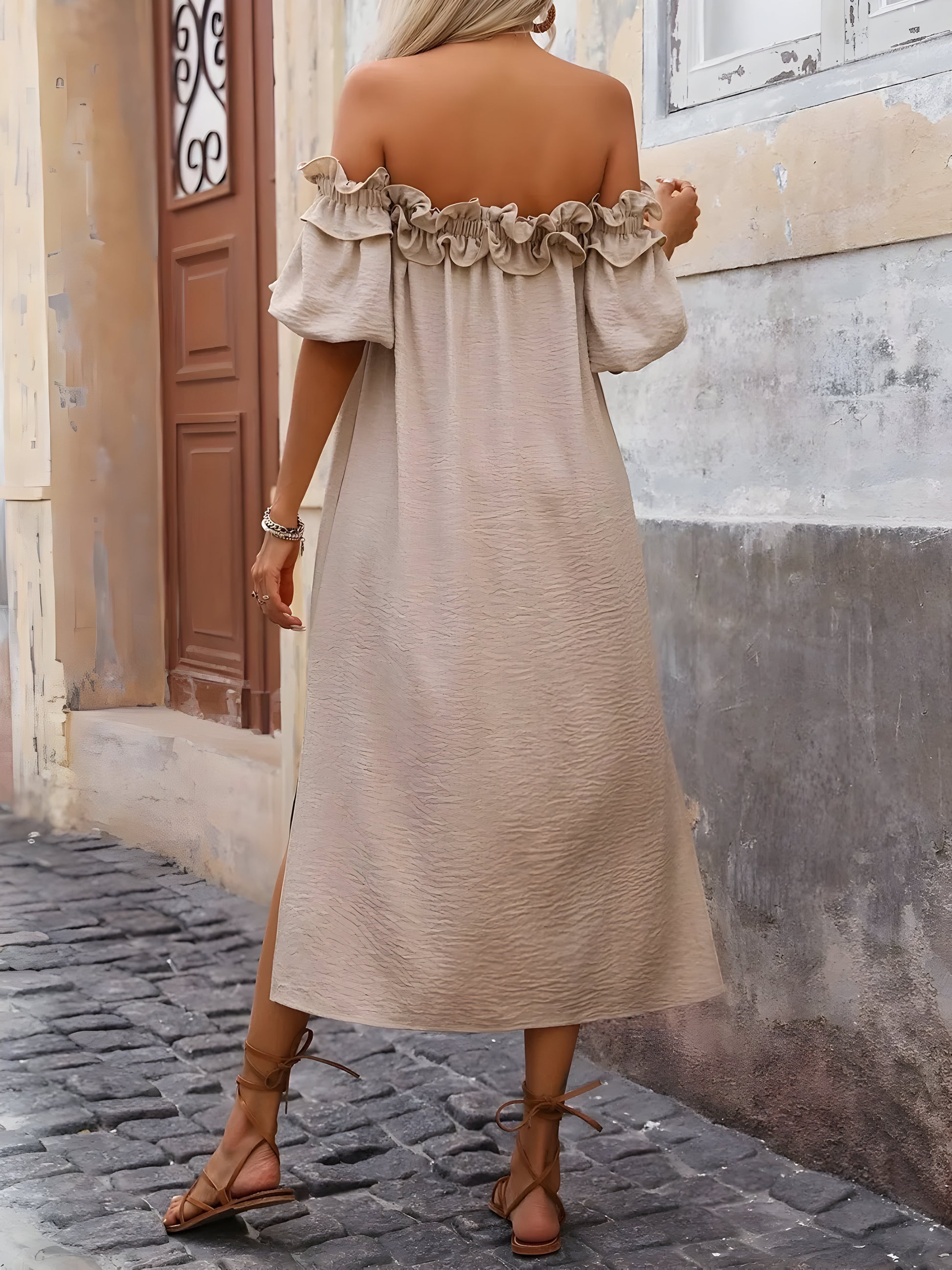 Ruffled Off-Shoulder Puff Sleeve Midi Dress