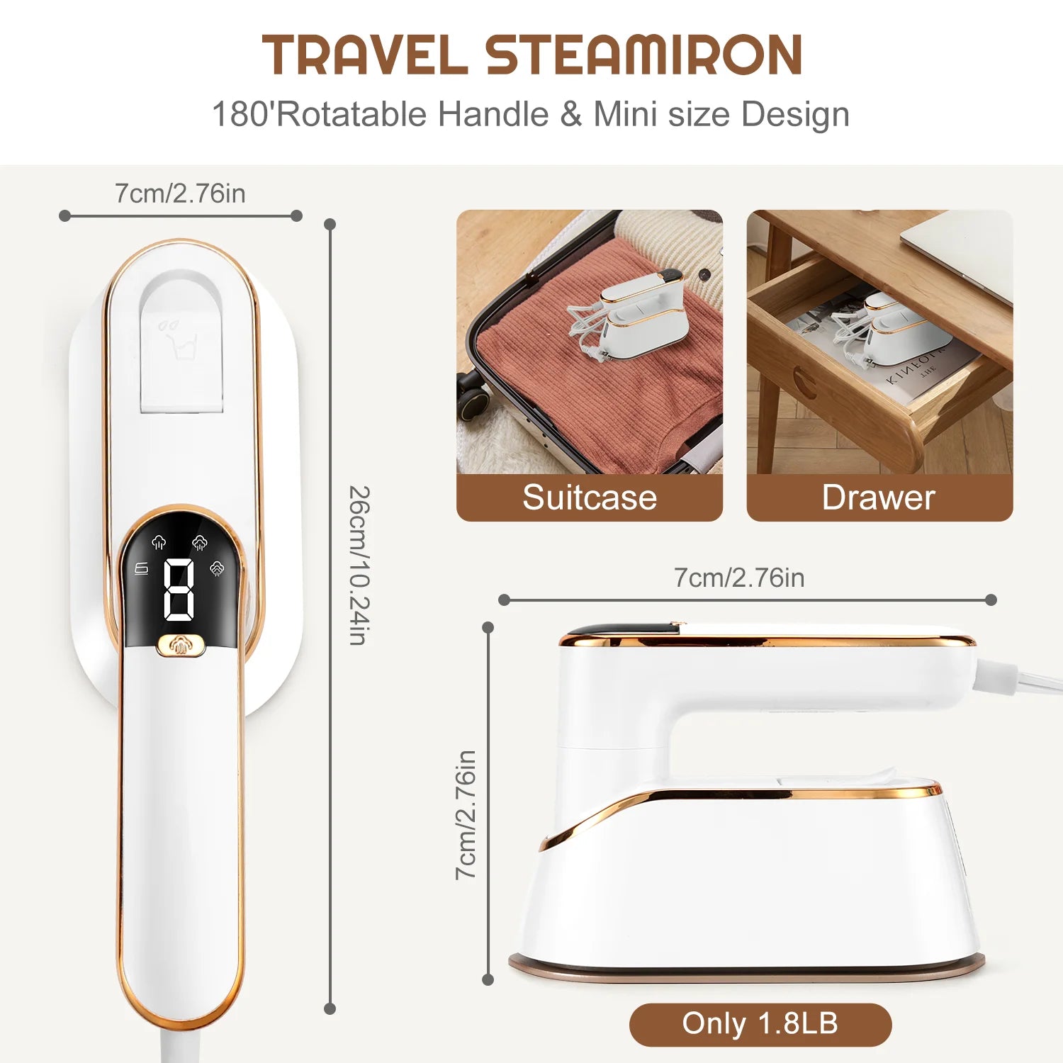 Travel Steamer Iron for Clothes, 1200W Handheld Portable Mini Steam Iron with LCD Screen, 10S Heat-Up, 180° Swivel Handle, Wrinkle Remover for Dorm, Home & College (White)