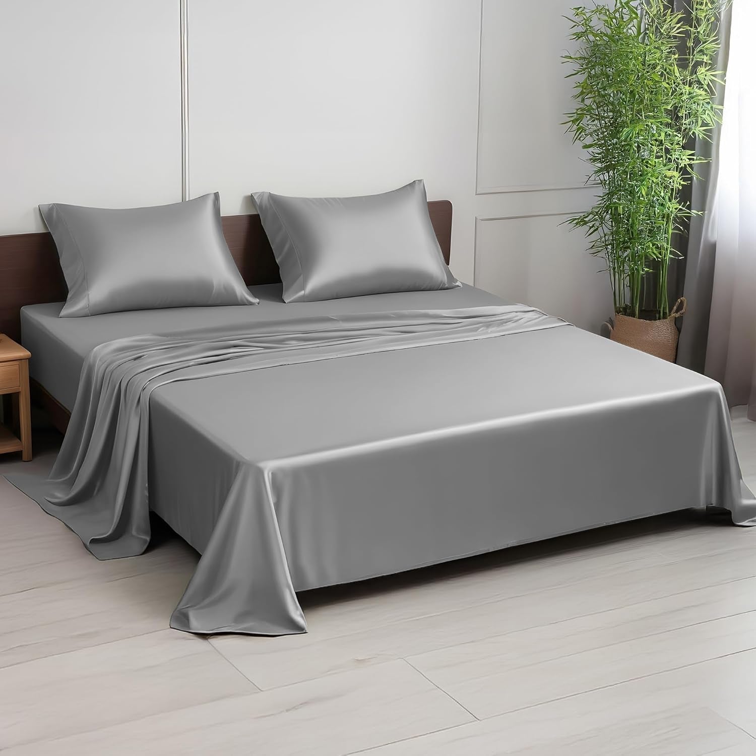 Premium 100% Viscose Derived from Bamboo Full Size Sheet Set - Ultra Soft, Breathable & Cooling, Ideal for Hot Sleepers, 16" Deep Pocket, Hotel Luxury Bedding (Silver)