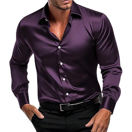 Men Regular Fit Full Sleeve Satin Silk Shirt (Size-S) (Color-PURPLE)